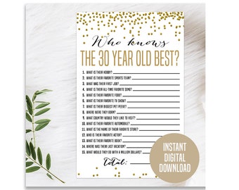 Gold 30th Birthday Game, Printable, 30th Birthday Party Activity, 30th Party Game, 30th Birthday Trivia, Who Knows the 30 Year Old Best Game