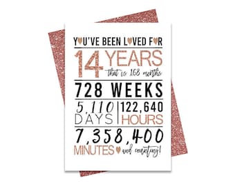 Rose Gold 14th Birthday Card, Printable Birthday Card, 14th Birthday Printables, Greeting card printables, 14th birthday, 14th heart bday
