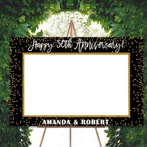 Apoyo de foto de aniversario de oro, marco de fotos de 50 aniversario personalizado, cabina de fotos de 50 aniversario imprimible, accesorios de aniversario de oro