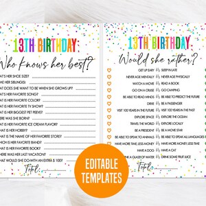 13.Regenbogen-Geburtstag Hätte sie lieber, Wer kennt das Geburtstagskind am besten, Geburtstags-Quiz, Mädchen-Geburtstags-Partyspiel, Buntes Geburtstags-Bundle