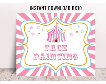 Pink Carnival Birthday Sign, Carnival Face Painting Activity, Circus Party Game, Pink Circus Tent Sign, Printable Carnival signs, Girl Bday