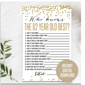 Gold 62nd Birthday Game, Printable, 62nd Birthday Party Activity, 62nd Party Game, 62nd Birthday Trivia, Who Knows the 62 Year Old Best Game