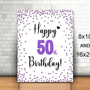 Sinal roxo de 50º aniversário, para impressão, feliz 50º aniversário, 8x10, 16x20, sinal de 50º aniversário, decoração de aniversário glam de 50º, festa de 50º aniversário