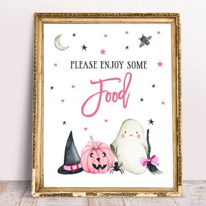 Pink Halloween Food Sign, Halloween Party Decor, Halloween Birthday, Halloween Baby Girl Shower, Pumpkin Food Table Sign, Printable Instant