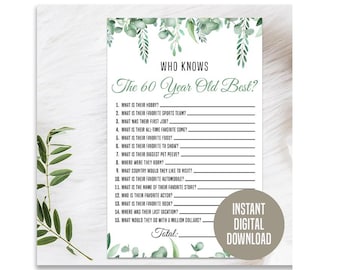 Greenery 60th Birthday Game, Printable, 60th Birthday Party Activity, 60th Party Game, 60th Birthday Trivia, Who Knows the 60 Year Old Best