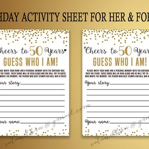 50e verjaardagsfeestje, Cheers to 50 Years Party Game, 50e verjaardagsfeestje afdrukbaar, 50e verjaardagsfeestje, gouden activiteit, wie ben ik spelkaart