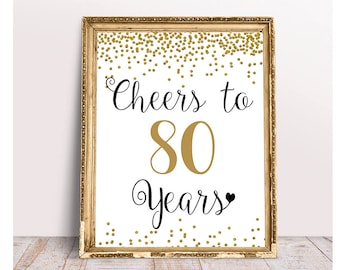 Cheers to 80 Years, 4x6, 5x7, 8x10, 11x14, 80th Birthday Sign, 80th Anniversary Sign, Gold confetti Birthday Party Decoration, party decor