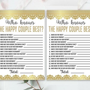 Wedding anniversary party sheets - Gold Game - 50th anniversary -Golden anniversary - 50th wedding anniversary game, Who knows the couple