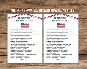 May include: Two printable U.S. Military Trivia game sheets with questions about the U.S. military, including the top cadet, with an American flag graphic. The trivia sheets are 5x7 inches and are instant download files.
