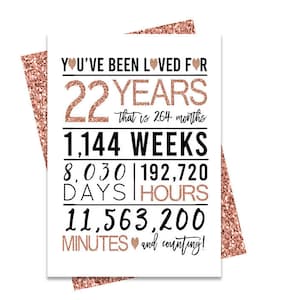 22nd Birthday Card, Printable Birthday Card, 22nd Birthday Printables, Greeting card printables, Rose Gold 22nd birthday, 22nd heart bday