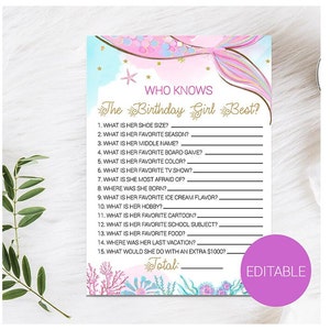 Editable Mermaid Who Knows The Birthday Girl Game, Who knows birthday girl best, Birthday Quiz, Girl Birthday party game, Under The Water