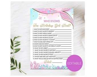Sirena editable que conoce el juego de la cumpleañera, Quién conoce mejor a la cumpleañera, Prueba de cumpleaños, Juego de fiesta de cumpleaños de la niña, Bajo el agua