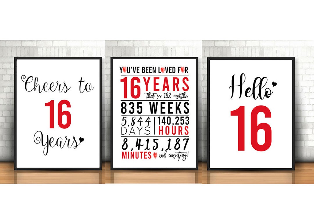 Red 16th Birthday Signs Bundle, Printable, Cheers to 16 Years, Hello 16 ...
