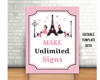 Paris Theme Party Template, Printable Girls Birthday Decoration, Editable Paris Birthday Sign, 8x10, Pink Birthday Party Decor, Travel Bday