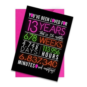 Carte d'anniversaire lueur 13e, carte d'anniversaire imprimable, carte d'anniversaire néon 13e, cartes de voeux imprimables, imprimable 13e anniversaire, 13e coeur