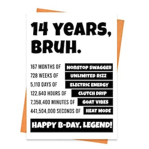 Cartão de aniversário de 14º irmão - Cartão de aniversário de 14º adolescente - Cartão de aniversário de 14º irmão para impressão - Gíria engraçada de meme adolescente - Cartão de nível 14 - Arquivo digital