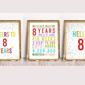 8th Birthday Signs Bundle, Cheers to 8 Years, Hello 8, Happy 8th Birthday, Colorful 8th Birthday Signs, 8th signs pack