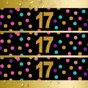 Gold 17th Birthday Water Bottle Labels, 517th Birthday Decoration, Cheers to 17 Years, Gold 17th Birthday Signs, 17th anniversary labels