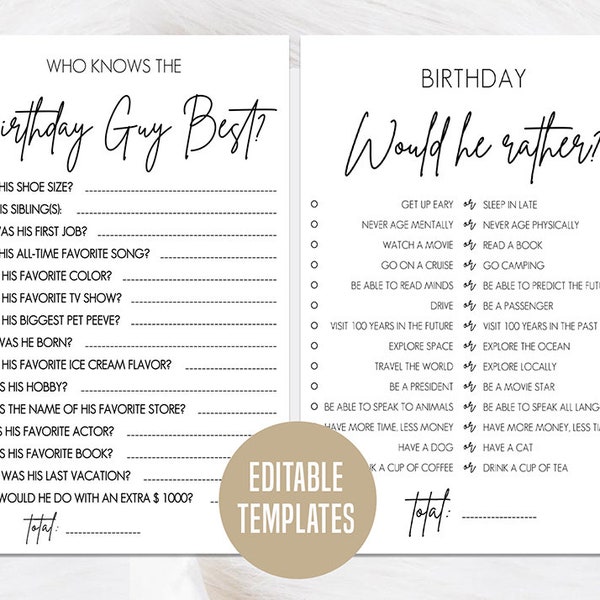 How well do you know the birthday guy, Who knows the birthday guy best, Birthday Quiz, Boy Birthday party game, Would he rather printable