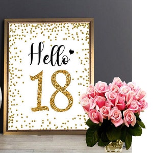 Signo de oro Hola 18, imprimible, Saludos a 18 años, signo de cumpleaños número 18, signo de aniversario 18, decoración de fiesta de cumpleaños de oro, signo de oro 18