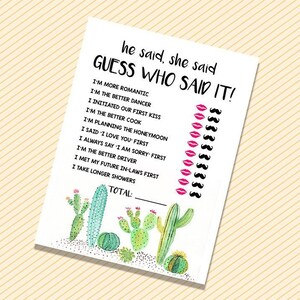 Bridal Shower Games, He Said She Said, Printable Fiesta Bridal Shower Game, Succulent guess who said it, Cactus Boho Shower Games, printable