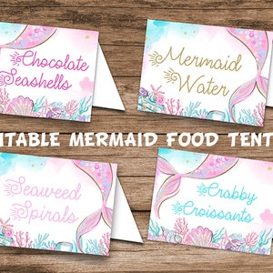 Tiendas de comida de fiesta de sirena editables, imprimible, plantilla de comida de sirena, etiquetas de comida de cumpleaños bajo el mar, decoración bajo el agua, carteles de mesa