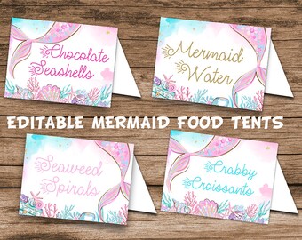Tiendas de comida de fiesta de sirena editables, imprimible, plantilla de comida de sirena, etiquetas de comida de cumpleaños bajo el mar, decoración bajo el agua, carteles de mesa