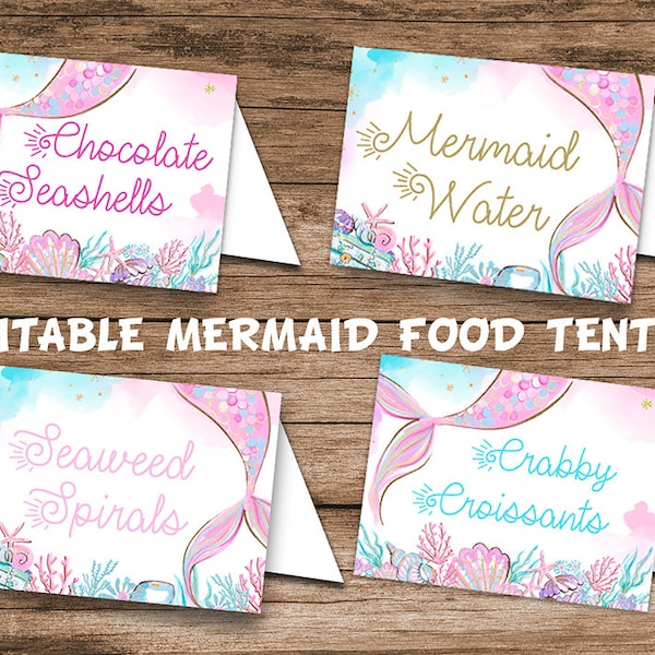 Editable Mermaid Party Food Tents, Printable, Mermaid Food Template, Under The Sea Birthday Food Tags, Under The Water Decor, Table Signs