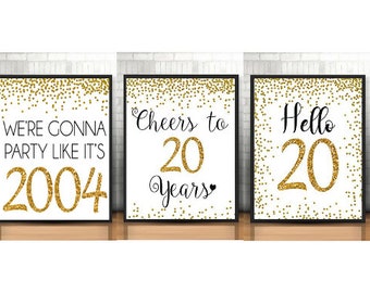 Gold 20th Birthday Signs Bundle, Cheers to 20 Years, Hello 20, Happy 20th Birthday, Gold 20th Birthday Signs, 20th Anniversary Signs Pack