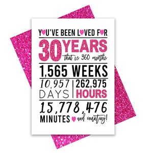 Cartão de aniversário de 30 anos rosa quente, cartão de aniversário para impressão, imprimíveis de 30 anos, cartão de felicitações para impressão, 30 anos rosa, 30 corações