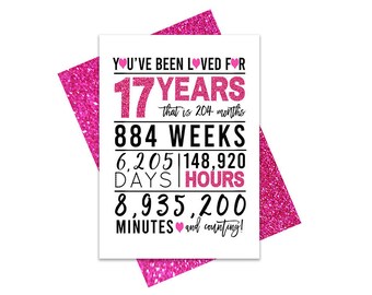 Hot Pink 17th Birthday Card, Printable Birthday Card, 17th Birthday Printables, Greeting card printables, 17th birthday, 17th heart birthday
