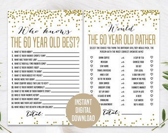 Gold 60th Birthday Game Bundle, Printable, 60th Birthday Party Activity, 60th Would They Rather, 60th Birthday Trivia, 60th Who Knows  Game