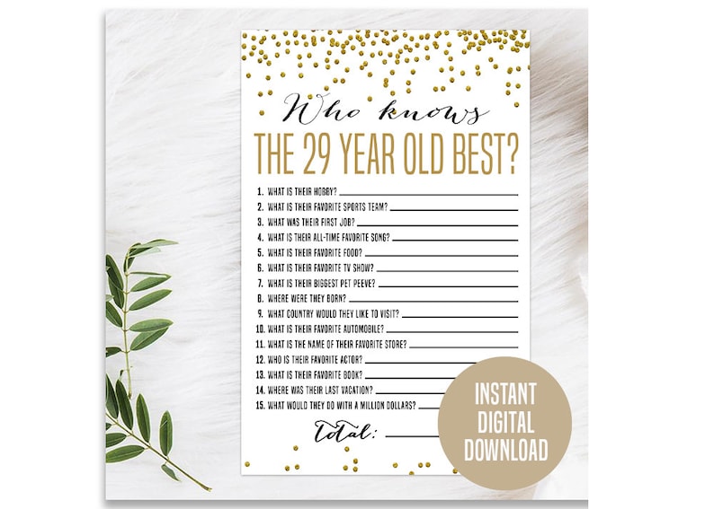 Gold 29th Birthday Game, Printable, 29th Birthday Party Activity, 29th ...