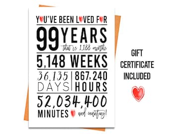 99th Birthday Card, Printable Birthday Card, 99th Birthday Printables, Greeting card printables, red 99th birthday, 99th gift certificate
