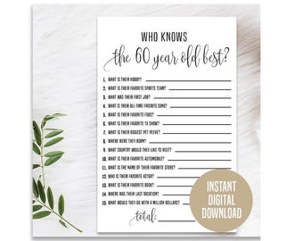 Minimalist 60th Birthday Game, Printable, 60th Birthday Party Activity, Ice Breaker, 60th Birthday Trivia, Who Knows the 60 Year Old Best