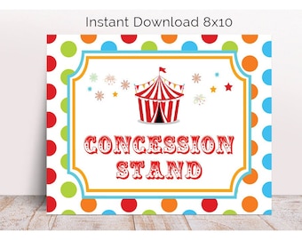 Puede incluir: Un cartel blanco imprimible con una carpa de circo roja y blanca a rayas, lunares de colores y el texto "CONCESSION STAND".
