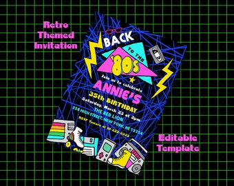 Editable 80's Themed Birthday Party Invitation, Retro Birthday Party Invitation, Printable 1980s Birthday Invite, Back to the 80s Invitation