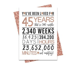 Rose Gold 45th Birthday Card, Printable Birthday Card, 45th Birthday Printables, Greeting card printables, rose 45th birthday, 45th heart