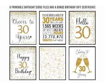 Gold 30th Birthday Signs, Printable, 30th Birthday Signs Bundle, Happy Hello Forty Cheers Fabulous Instant Download, 30 Reasons, 30th Party