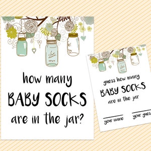 May include: Two white cards with text and illustrations for a baby shower game. The larger card reads "how many BABY SOCKS are in the jar?" with decorative mason jars and floral elements. The smaller card says "guess how many BABY SOCKS are in the jar".