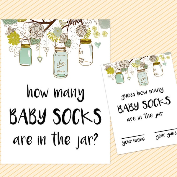 Baby Shower Games, How Many Baby Socks Are In The Jar, Printable How Many Baby Socks, Mason Jar, Baby Shower Games, Rustic Baby Shower