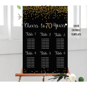 EDITABLE 70th Birthday Seating Chart, Printable Gold Seating Chart, Gold Party Sign, 70th Birthday Decoration, 70th Birthday Template 12x18