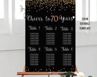 EDITABLE 70th Birthday Seating Chart, Printable Gold Seating Chart, Gold Party Sign, 70th Birthday Decoration, 70th Birthday Template 12x18