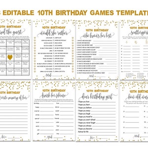 Op de afbeelding: Acht printbare 10e verjaardagsspel sjablonen met gouden confetti-achtergronden. De spellen omvatten "Vind de gast", "Zou ze liever", "Wie kent haar het beste", "Scattergories", "Mijn favoriete herinnering aan haar", "Maak haar zin af", "Lieve jarige" en "Hoe oud was ze".