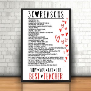 Teacher Appreciation Sign, CUSTOM, 20 Reasons, 30 Reasons, 40 Reasons, 50 Reasons, Teacher's Gift, Printable Teacher's Gift, Thank You Sign