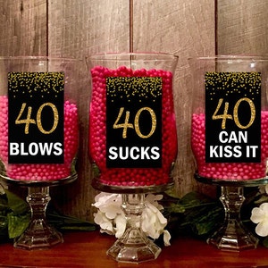 Gold 40th Birthday PRINTABLE Table Decoration, 40 Sucks, 40 Blows , 40 Can Kiss It, Gold 40th Birthday Decor,  40th Birthday DIGITAL Signs