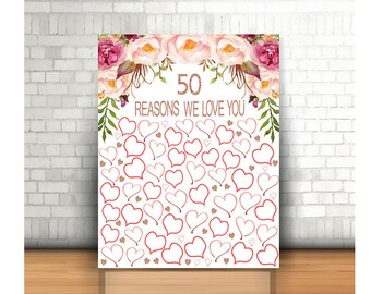Floral 50 Reasons We Love You, Birthday Gift For Her, 50 birthday gift, Milestone Birthday, 50 reasons, Rose Gold 50 Reasons We Love You