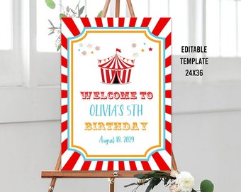 Op de afbeelding: Een printbaar welkomsbord voor een circus-thema verjaardagsfeest. Het bord heeft een rood-wit gestreepte achtergrond met een gele en blauwe rand. De tekst luidt "Welkom bij Olivia's 5th Birthday August 10, 2029".