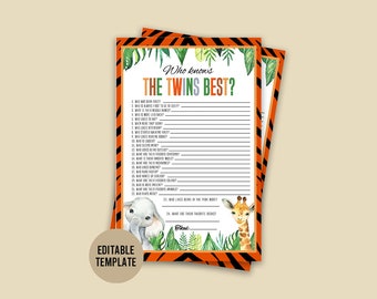 Zoo Animals Twin Birthday Party Game, Who Knows the Twins Best Game, Twin Birthday Party Games , Baby Animals Game Card,Printable, Download