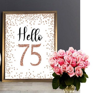 Rose Gold 75th birthday decoration, Printable, Rose Gold Hello 75 Sign, Cheers to 75 Years, 75th Birthday Sign, 75 and Fabulous, Rose 75th